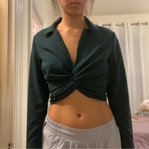 twist front long sleeve collared blouse